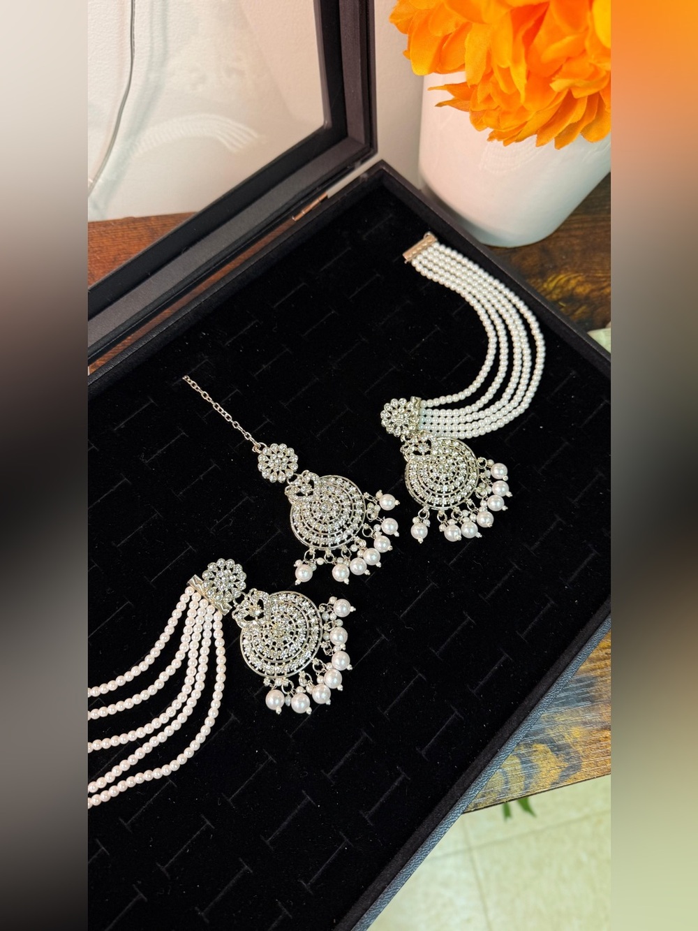 Silver and White Pearl Statement Chandelier Earrings - Women Jewelry